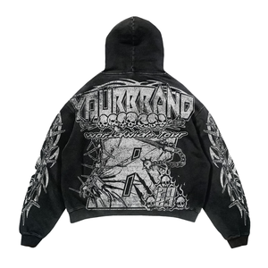 เสื้อฮู้ดดี้ผู้ชายแบบสั่งทำ ปักลายด้วยคริสตัล พิมพ์ลาย DTG สไตล์วินเทจ ล้างสีแบบแอซิด ทรงบ็อกซี่ ขอบดิบ ตกแต่งแบบดิสเทรส ผลิตจำนวนน้อยได้ ปี 2025 ผ้าฝ้าย 100% - Product Image 3