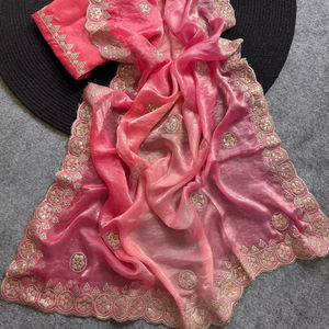 Saree en soie de mousseline de soie pure indienne de Style Bollywood avec une belle séquence de travail et chemisier pièce belle tenue de mariage Saree - Product Image 1