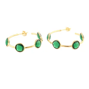 Handcrafted Jewelry Multi Stone Round Emerald Quartz Multi Stone Hoop Earrings Gold Plated Designer Earrings Party Wear Jewelry