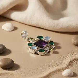 925 Silver Multi-Gemstone Pendant with Opal Turquoise Agate and <b>Onyx</b> Religious Style Charm for Women Handmade in India - Product Image 1