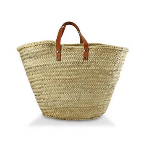 Handmade Straw Weaving <b>Basket</b> Leather Handles Natural Color Open Top <b>Storage</b> Bucket Minimalist Design Home Decor Natural <b>Baskets</b> - Product Image 1