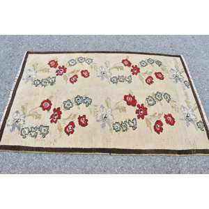 Clásico Beige rojo 3,9X5,9 pies área grande Kilim Alfombra de lana abstracto turco rectángulo pasillo Patchwork diseño 10mm alfombra de látex para habitación - Product Image 3