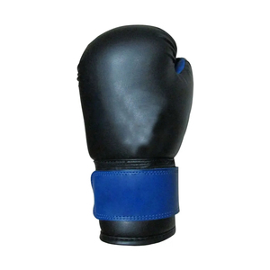 Leather MMA Boxing Gloves Black with Blue Wrist <b>Strap</b> Pull-On Closure Stretch for Gym Training Adults - Product Image 1