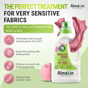 Detergente Líquido Orgánico para Ropa AlmaWin, con Lana y Seda, Aroma Lavanda, 750ml, 50 Lavados, 20-40 Grados Celsius, Suave - Product Image 2