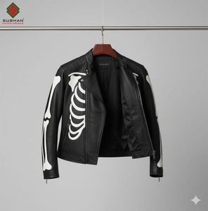 Blouson aviateur en simili cuir à imprimé squelette noir et blanc, décontracté, pour l'hiver, style moto, avec fermeture éclair, style Halloween et gothique - Product Image 2