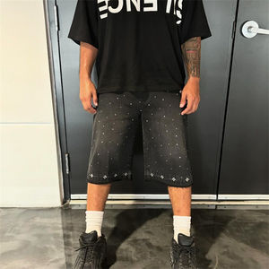 Bespoke Men's Denim Shorts <b>Jorts</b> Exquisite Streetwear Style with Crystals Loose and <b>Baggy</b> Vintage Washed with Rhinestone Accents - Product Image 4