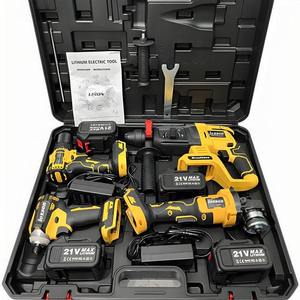 Ensemble d'outils sans fil multifonctionnel 4 en 1, couleur jaune, batterie au lithium 21V, 4 batteries, 2 chargeurs, personnalisable OEM, 3 ans - Product Image 1