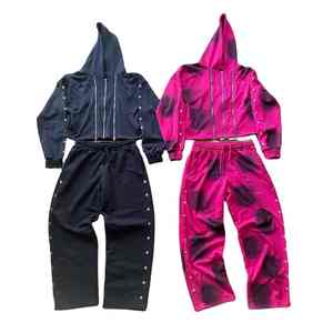 Por encargo de los hombres de ropa de calle Casual Oversize Woven Jogger Chándal Triple Zip up Sudadera con capucha con diamantes de imitación para el verano - Product Image 1