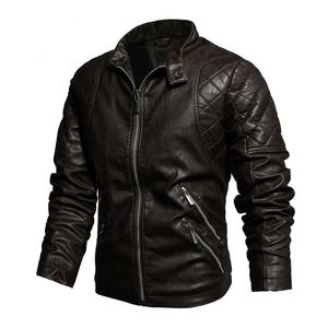 Chaqueta de cuero para hombre, estilo motociclista, cuello alto, corte ajustado, piel de oveja con tratamiento revestido, para otoño e invierno. - Product Image 5