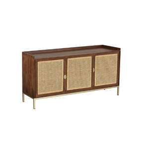 Modern Dining <b>Sideboard</b> 3 Door Solid Mango Wood Brown Finish & <b>Rattan</b> Cane & Metal Iron Base Golden Finish - Product Image 1