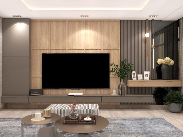 Modern Wood TV Stand with Built-In Wall Paneling Modular Design Durable Space-Saving Living Room Furniture