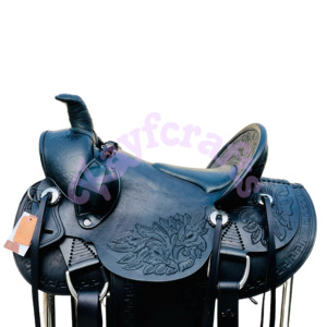 Premium All Black Custom Western Wade Saddle Tooled Leather Horse Tack Set con diseño inglés - Product Image 4