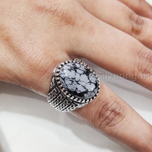Vente en gros de bagues pour hommes, flocon de neige naturel, obsidienne, pierre précieuse, bague de naissance, toutes tailles, bijoux de fête arabes, bague en argent sterling 925 - Product Image 3