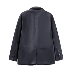 Vintage Ladies Outerwear Cow Skin <b>Leather</b> Casual <b>Blazer</b> With Long Sleeve and Patch Pocket Bonded Processing - Product Image 2