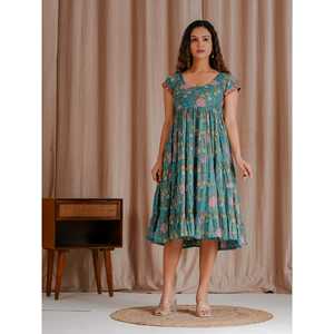 Vestido Verde de Algodón Mulmul con Estampado de Bloques, Talla Única XS, Transpirable, Cintura Imperio, Estilo Boho, Elegante para el Trabajo o el Club - Product Image 3