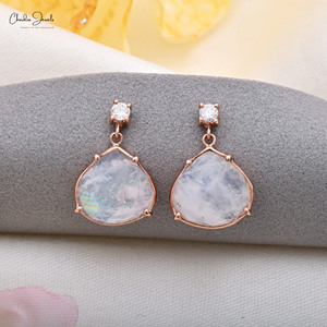 พร้อมส่ง14K ต่างหูห้อยสีโรสโกลด์แข็ง5.8 CT รุ้งมูนสโตนและเพชรชุดเครื่องประดับสำหรับงานปาร์ตี้ - Product Image 3