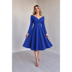 Vestido midi plisado de crepé Janjan con cuello y doble botonadura, manga larga, para mujer, 38128 - Saks Mavi - Product Image 1