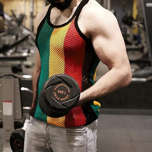 50% Algodón 50% poliéster cuerda para hombre chaleco malla Fishnet camisas ajustadas a rayas adultos Deporte Camiseta sin mangas adecuada - Product Image 4