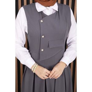 Ensemble 2 pièces en crêpe plissé pour femme de bureau, chemise et gilet gris avec short pour l'hiver, l'été et l'automne - Product Image 4