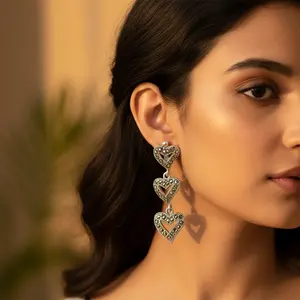 "925 Sterling Silver Heart-shaped Marcasite <b>Drop</b> <b>Earrings</b> for Women's <b>Fashion</b> Gift" - Product Image 1