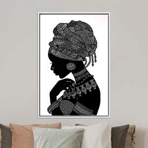 Arte de Pared con Silueta de Mujer Africana - Lienzo Tribal Impreso en Blanco y Negro, Lienzo con Marco Blanco - Product Image 1