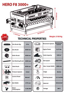 Machine à laver les tapis industrielle EUROMAK HERO F8 3000+ électrique manuelle 8 brosses à disques 380V eau froide Turquie - Product Image 4