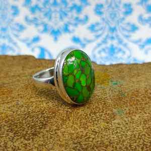 Anillo de Plata de Ley 925 de grado superior, diseño Simple, cabujón turquesa de cobre verde Natural, piedras preciosas, fiestas hechas a mano, corte ovalado - Product Image 2