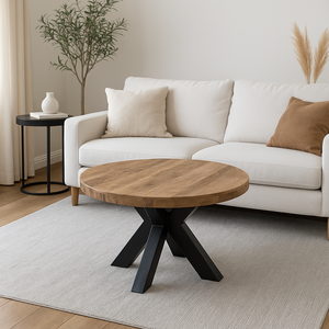 Table basse ronde en bois massif de style industriel avec pieds en métal Meilleurs meubles de salon - Product Image 1