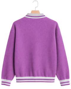Manufacturer Mens Quarter Zip Knit Sweater <b>Purple</b> Solid Textured Knit Contrast Rib Hem Warm Winter Casual Pullover OEM Custom - Product Image 2
