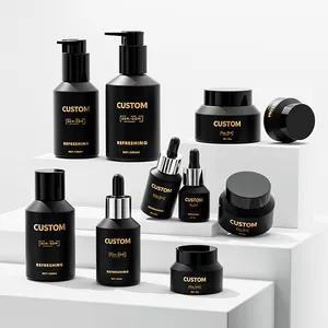 Kustom 15 30G 60 100 120 200Ml 40z Bahu Miring Beku Hitam Kaca Krim Jar Set Pompa Kosmetik Semprot Serum Toner Botol