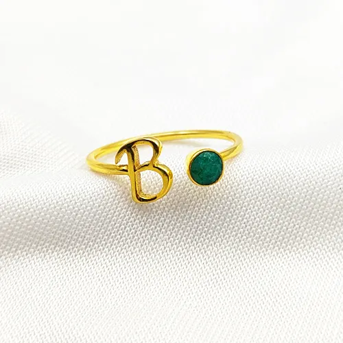 Initial Emerald Gemstone Alphabet Rings Gold Vermeil B Shape Alphabet With Finger Rings For Gift Her