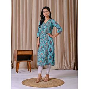 Sea Blue <b>Block</b> <b>Printed</b> Cotton Straight Fit Kurti Indian Ethnic Wear for Ladies and Girls for Special Occasions Stitched Style - Product Image 5