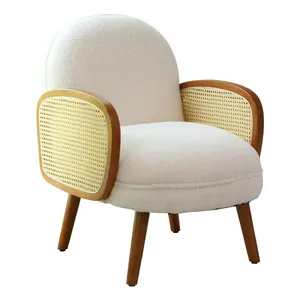 Fauteuil d'appoint en rotin avec accoudoirs en velours bouclé Teddy, style moderne du milieu du siècle, fauteuil rond en rotin vert, orange, rouge, bleu marine, blanc, gris - Product Image 3