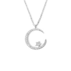 Delicate Luxury <b>Crystal</b> Moon Pendant <b>Necklace</b> for Women White Gold Platinum Material Rhodium Geometric Shape Bezel Setting - Product Image 5