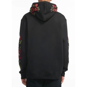 <b>Men's</b> Black 100% Cotton Oversized Autumn Zipper-Up Hoodie <b>Red</b> Floral Embroidery Sleeve Detail Drawstring Hood Kangaroo Pocket - Product Image 4