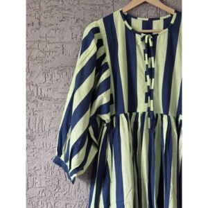 Vestido Maxi a Rayas Azul Marino y Verde Lima Pálido, Diseño Personalizado, Estilo Boho, Cintura Imperio, Transpirable, para Uso Diario, ODM - Product Image 5