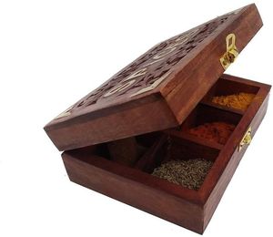 Boîte Masala en bois Royal Sheesham pour ranger les épices avec couvercle élégant et conception de finition naturelle - Product Image 1
