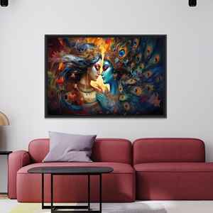 Krishna Radha Art: Hindu Printed Canvas for Boho Wall Decor,BLACK <b>FRAMED</b> CANVAS - Product Image 1