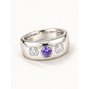 <b>Amethyst</b> for Trinity <b>Ring</b>-Vintage Yellow <b>Gold</b> Statement Jewelry with Invisible Bezel Setting Rhodium Plated Gift - Product Image 1