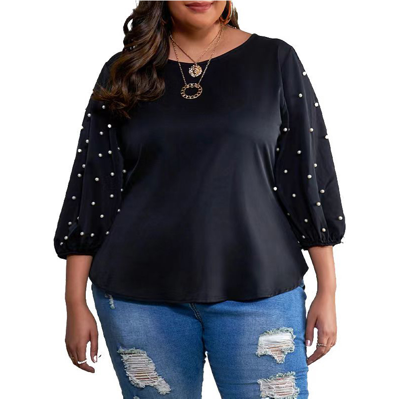 Haut élégant de grande taille, chemise pour femme, haut de chemise à col rond perlé à manches longues et manches lanternes et manches sept points