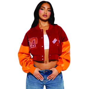2025 Top Trending Custom Women Varsity Jacket Transpirable Manga corta de cuero Crop Flocado Venta al por mayor Ropa tejida corta - Product Image 4