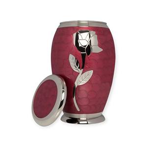 Modern <b>Red</b> Rose Design Metal Cremation Urn with Silver Floral Accent for Adult Ashes Memorial - Product Image 1