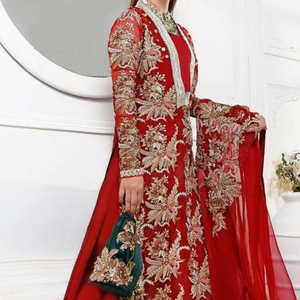 2023 Bridal Heavy Gold Embroidery Work Long Kurta Lehnaga Dress <b>Net</b> <b>Fabric</b> Embellished Crystal Glass Beads Dabka-for Weddings - Product Image 1