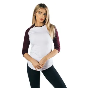 2023 Wholesales Women Blank Color Raglan Sleeves t shirts Cotton Top T shirts Unisex Tee Custom maroon dyed sleeve white panel