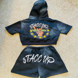 Acid Wash Men Embroidered Summer Drawstring Crop <b>Hoodie</b> Shorts Set Full Sleeve Zipper <b>Hoodie</b> with Scrunch Waist Short Set - Product Image 2