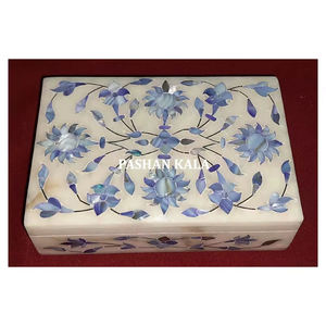 Marbre blanc de meilleure qualité avec super finition et forme rectangulaire bleu nacre fleur incrustation bijoux boîte d'emballage - Product Image 1