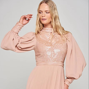 Vestido largo de manga larga con dobladillo circular color nude para el vestido de fiesta de noche de boda con cuentas de lentejuelas - Product Image 1