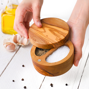 Olive <b>Wood</b> Divided Salt & Pepper Cellar with Magnetic Lid, 2-Compartment Pinch Box, Wholesale - Product Image 2