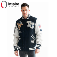 Blouson Bomber Varsity Unisexe Bleu Personnalisé Style Formel Homme avec Broderies et Patchs Manches en Cuir de Lapin 100% Laine Imperméable