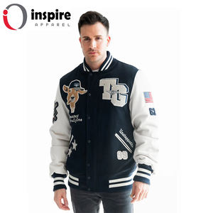 Chaqueta Bomber Varsity Azul Personalizada Unisex, Estilo Formal para Hombre con Parches Bordados, Logos, Mangas de Cuero, 100% Lana, Impermeable - Product Image 1